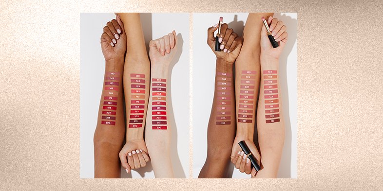 Collection of lipstick shades and products like L’Oréal Paris Colour Riche Reds of Worth Satin Lipstick styled with foundation and glotion on different skin complexions.